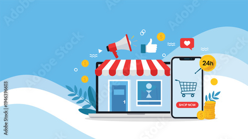 Online shopping and mobile e-commerce concept with a digital store, smartphone, and social media.