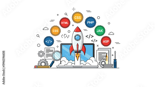 Web development and coding concept with a rocket launch surrounded by various programming icons.