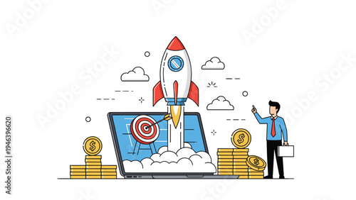 Startup business launch concept with rocket flying out of laptop screen and professional entrepreneur pointing at target.