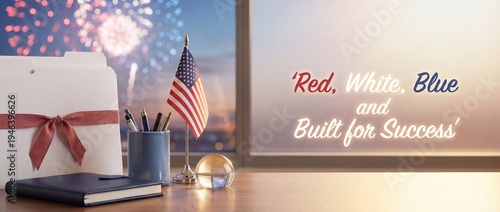 Festive workspace with American flag and patriotic decorations  