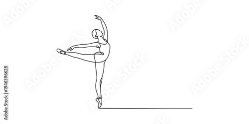 A minimalist continuous line art drawing of a ballerina performing a graceful arabesque pose en pointe Vector, illustration