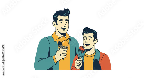 Father and son enjoying ice cream treats in a colorful cartoon illustration
