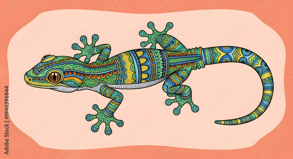 Fototapeta premium Colorful gecko lizard decorated with intricate patterns and mandalas against a soft peach background