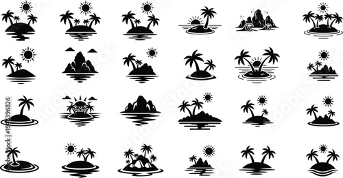 A set of vector island silhouettes with palm trees and sunny skies