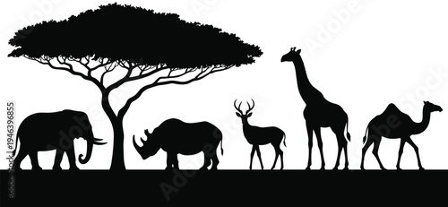 Black vector silhouettes of African safari animals including elephant, rhino, deer, giraffe, and camel under a large acacia tree,