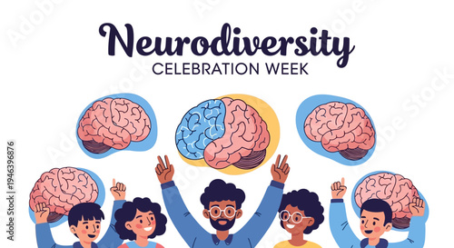 Illustration of diverse people celebrating Neurodiversity Celebration Week with colorful brain illustrations in a vibrant design.