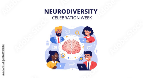 Illustration of diverse people celebrating Neurodiversity Celebration Week with a brain graphic and icons, conveying awareness and acceptance in a colorful design.