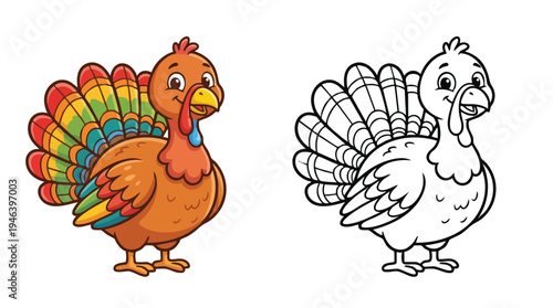 Turkey Coloring Page Cartoon Style Illustration