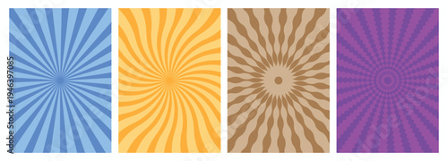 Retro Psychedelic Swirl Line Pattern Background with Groovy Radial Sunburst Burst Effect, Colorful 70s Funky Abstract Vector Illustration