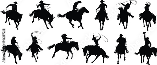 Black horse and rider silhouette set featuring cowboys and cowgirls riding galloping and jumping horses isolated on white background