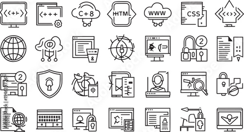 Collection of hand drawn web development and technology icons isolated on transparent background