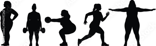 Black fitness silhouettes of plus size women exercising with dumbbells and medicine ball performing squats and running on white background