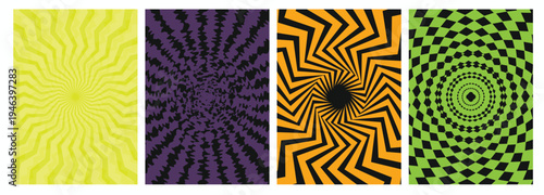 Retro Psychedelic Swirl Line Pattern Background, Colorful Groovy Radial Sunburst Burst Texture, Funky 70s Style Abstract Vector Background