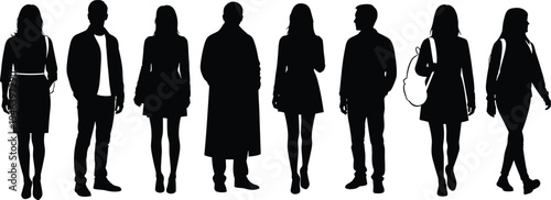 Black silhouettes of diverse people standing and walking in casual and professional clothing isolated on white background for urban lifestyle.