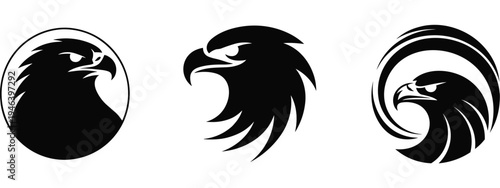 Black eagle head silhouette collection featuring powerful hawk and falcon icons with sharp beaks and aggressive eyes on white background