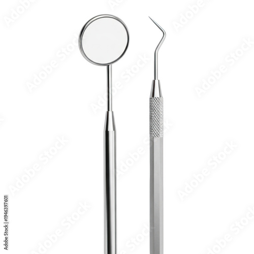 Dental mirror and explorer isolated on transparent background