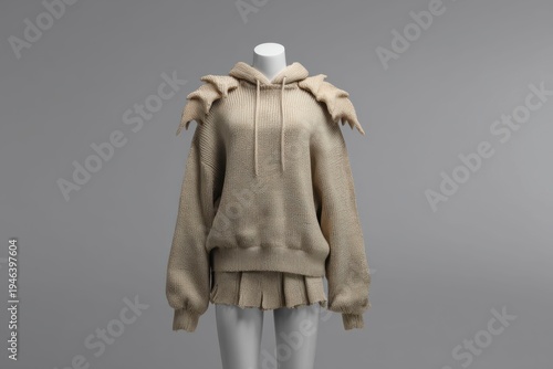 a beige knitted sweater with dragon wings on the shoulders, a hoodie, and a skirt on a mannequin without a head, against a grey background