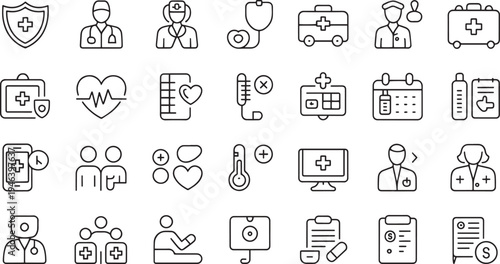 Collection of medical healthcare icons representing doctor consultation ambulance and health care services