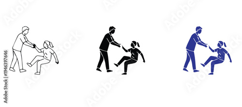 Minimalist Line Art Illustration of a Person Helping Another to Stand, Concept of Support, Kindness, and Compassion, Vector Icon Set