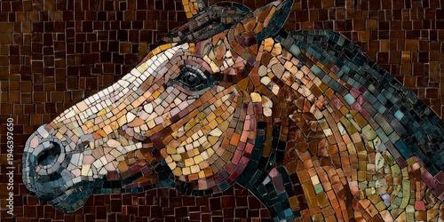 a mosaic of a horse head, made from square tiles of varying sizes and colors. the background is a dark brown.