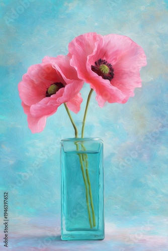 a pair of pink poppies in an aqua glass vase, digital art painting, soft pastel colors