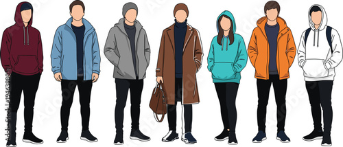Group of young diverse people in winter clothes and casual hoodies standing together isolated on white background flat vector illustration.