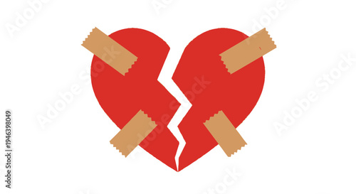 Red broken heart with bandages repair.