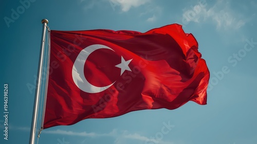 The Turkish flag waving in the wind against a clear blue sky