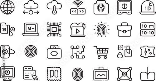 Collection of modern flat outline icons representing technology and digital concepts in a clean design