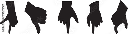 Collection of hand silhouettes pointing straight down for selection, isolated on a white transparent background.