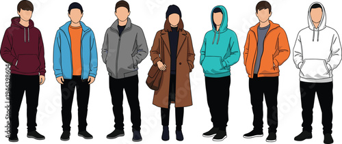 Set of young people wearing colorful hoodies and jackets in flat vector style for urban streetwear fashion and youth lifestyle.