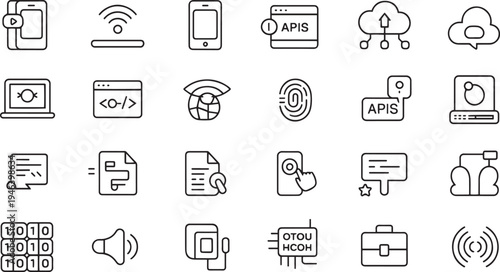 Collection of modern line art technology and business icons representing digital services and communication concepts