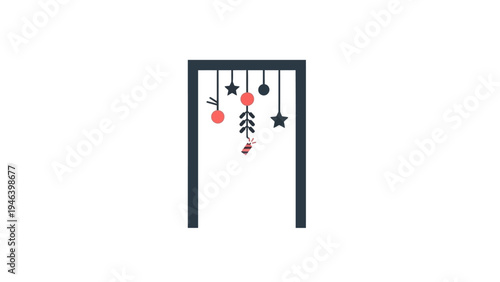 Mobile with colorful hanging shapes.