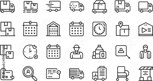 Collection of modern line icons representing logistics and delivery services for business and transportation needs