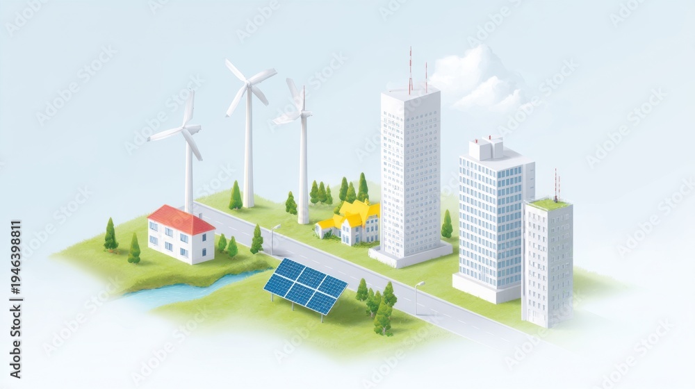Obraz premium Illustrative Concept of Renewable Energy with Solar Panels and Wind Turbines in a Modern Urban Landscape