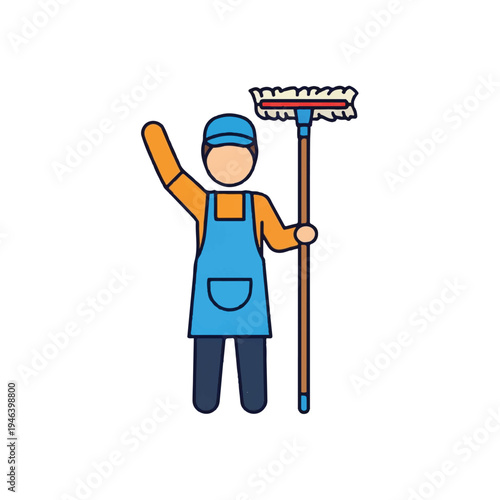 Janitor wearing blue apron waving.