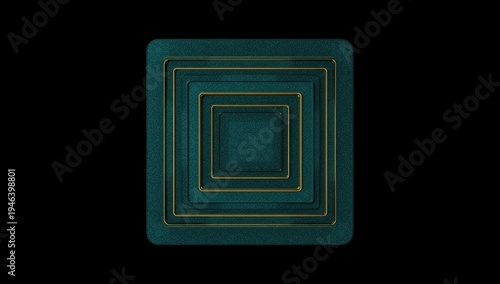 A central, emerald-green square composed of layered, nested squares, each defined by a gold line.
