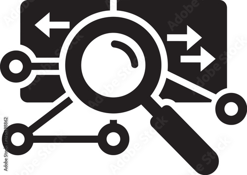black and white icon of magnifying glass on a network background with arrows