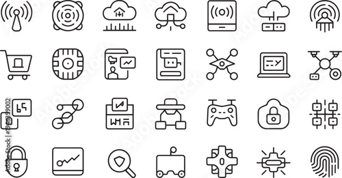 Collection of modern technology and digital innovation concept line art icons representing various aspects of connectivity and data