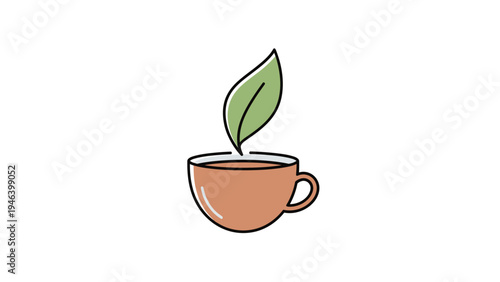 Tea Cup with Green Leaf Illustration.