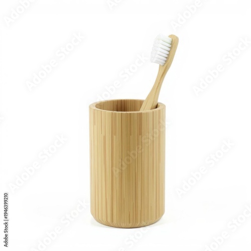 Bamboo Toothbrush in Bamboo Holder on White Background Dental Wellness