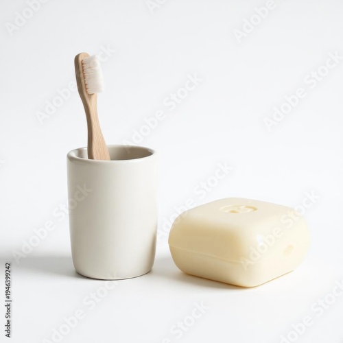 Minimalist Wooden Toothbrush in Beige Cup with Soap on White Background