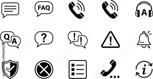 Customer Support Icon Set Featuring Speech Bubbles FAQ Symbols Telephone Headset Warning Signs Shield and Information Icons for Help Center Design