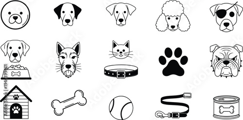 Collection of black pet icons featuring various dog breeds like labrador and poodle, a cat face, paw print, bone, dog house, collar, and pet food.