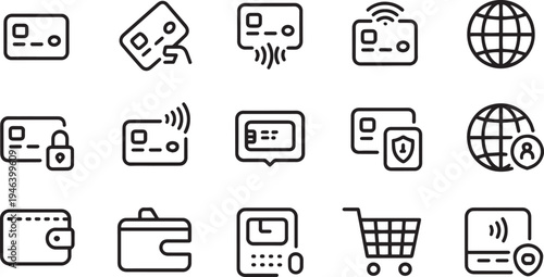 Collection of thin line icons representing financial transactions and online shopping activities isolated on transparent background