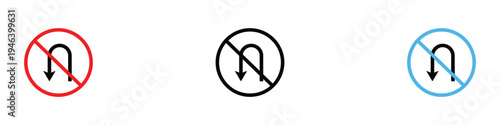 No U-turn traffic sign icon set. Road safety and prohibited driving direction symbols. Vector Illustration.
