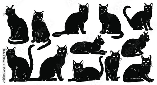 A collection of black cat silhouettes in various poses and orientations