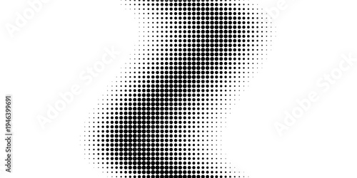 Black halftone dot wave pattern. Abstract grain fluid texture. Dotted curve wallpaper. Grit undulate swoosh overlay for poster, banner, brochure, flyer, leaflet, brochure. Vector rasterized background
