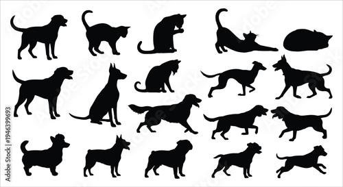 Collection of black silhouettes depicting various breeds of dogs and cats in different poses