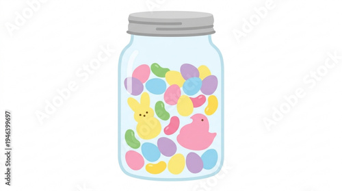 Colorful jelly beans and marshmallow chicks in jar for Easter  